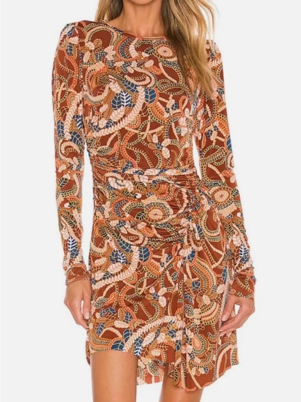 A.L.C. Maryn Gathered Ruched Long-Sleeve Print Dress Size S